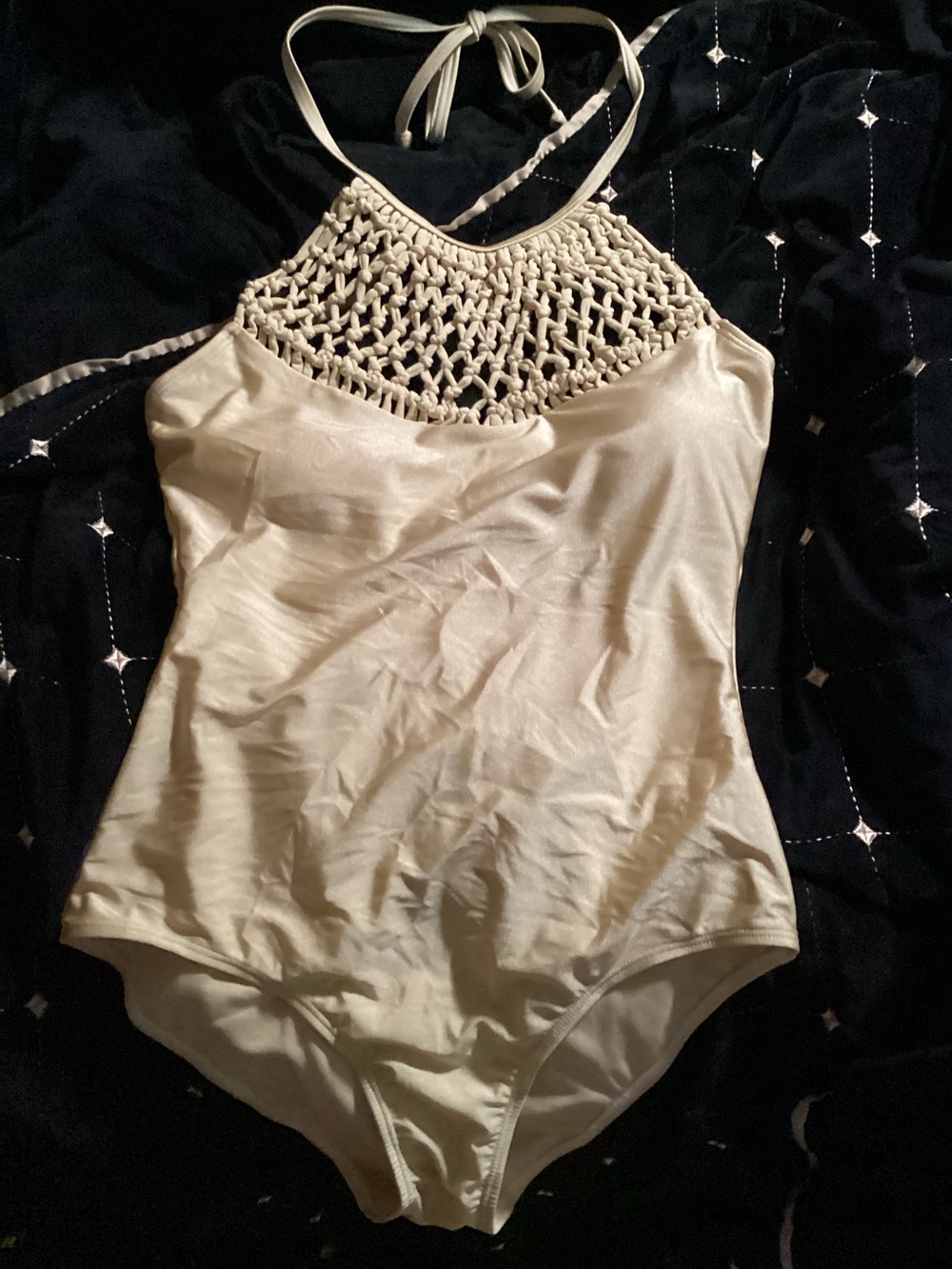 Marilyn Monroe Cream Crochet Halter One-Piece Swimsuit